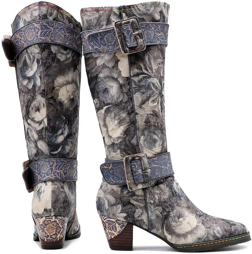 CrazycatZ Womens Leather Bohemian Knee High Boots Splicing Floral Block Heel Patterned Long Boots