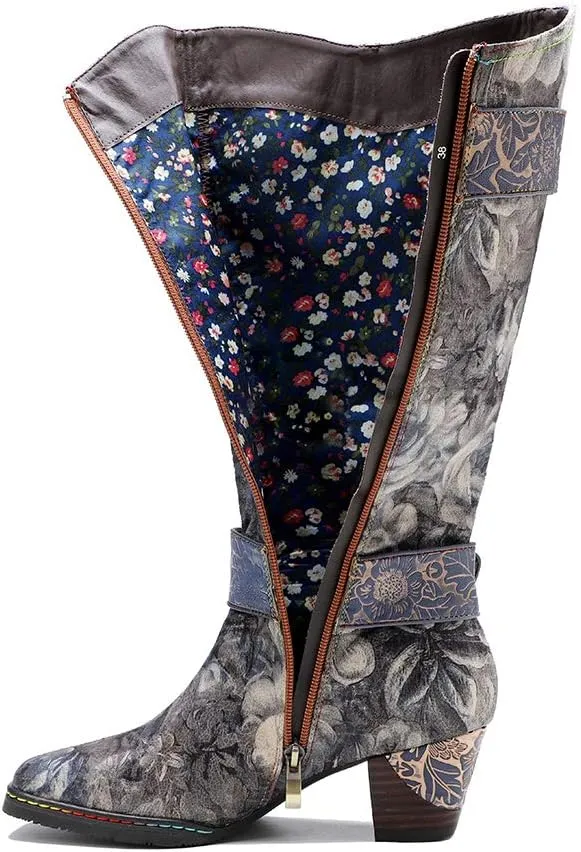 CrazycatZ Womens Leather Bohemian Knee High Boots Splicing Floral Block Heel Patterned Long Boots