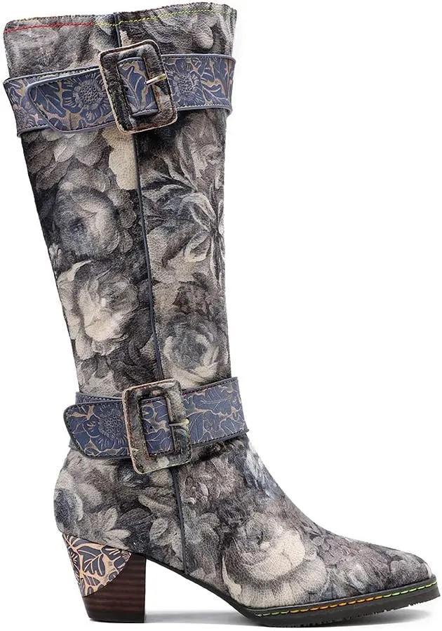 CrazycatZ Womens Leather Bohemian Knee High Boots Splicing Floral Block Heel Patterned Long Boots