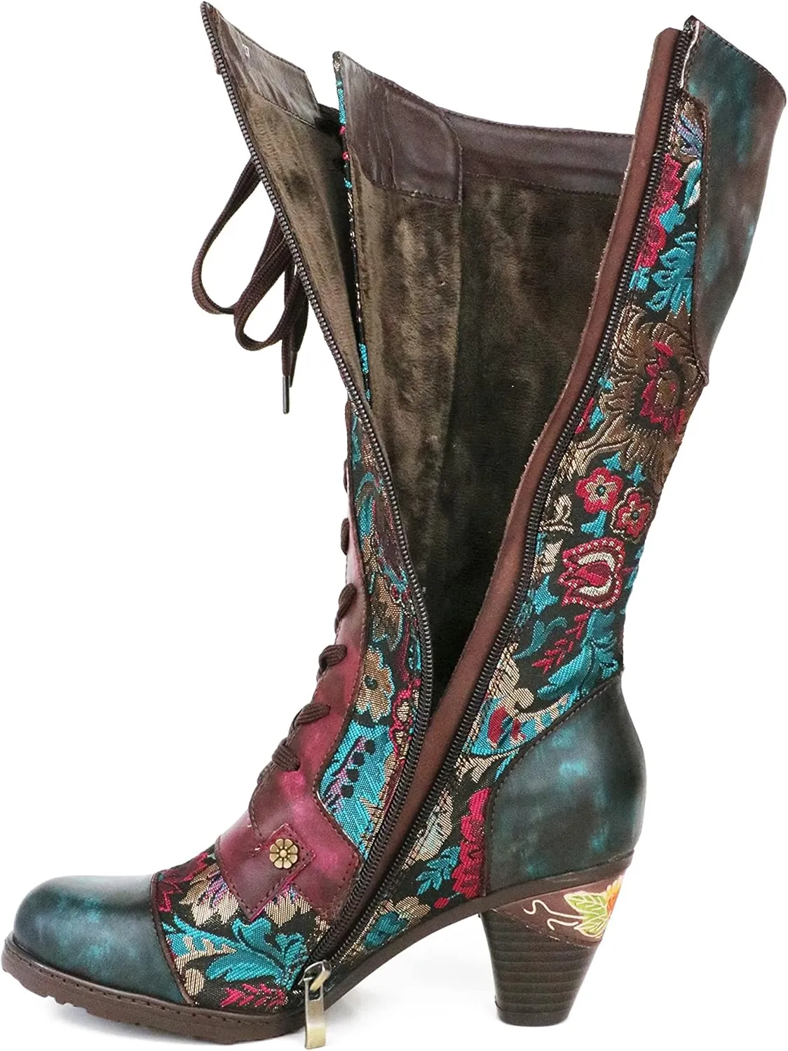 CrazycatZ Womens Leather Bohemian Knee High Boots Splicing Floral Block Heel Patterned Long Boots