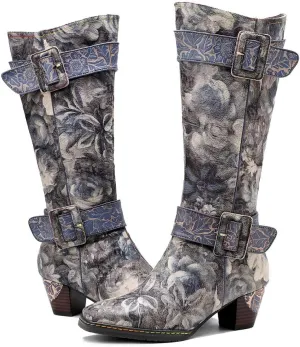 CrazycatZ Womens Leather Bohemian Knee High Boots Splicing Floral Block Heel Patterned Long Boots