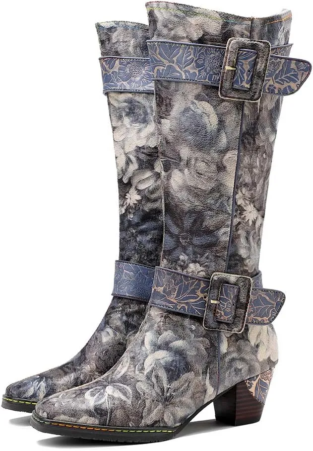CrazycatZ Womens Leather Bohemian Knee High Boots Splicing Floral Block Heel Patterned Long Boots