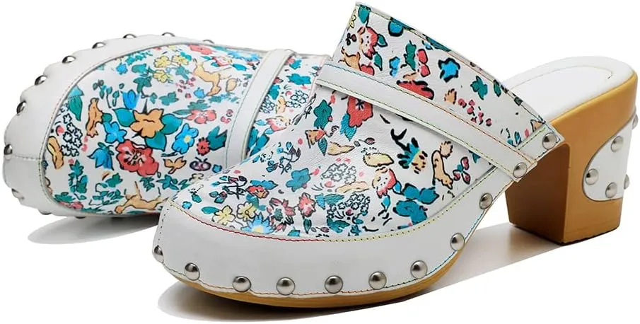 CrazycatZ Womens Leather Clogs Sandals, Colorful Bohemian Mules Block Heels Leather Clogs Shoes