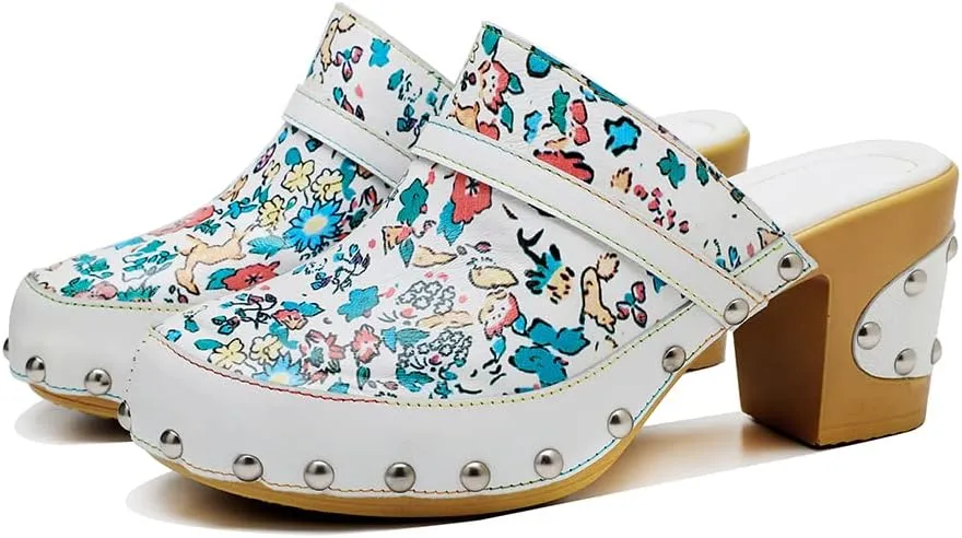 CrazycatZ Womens Leather Clogs Sandals, Colorful Bohemian Mules Block Heels Leather Clogs Shoes
