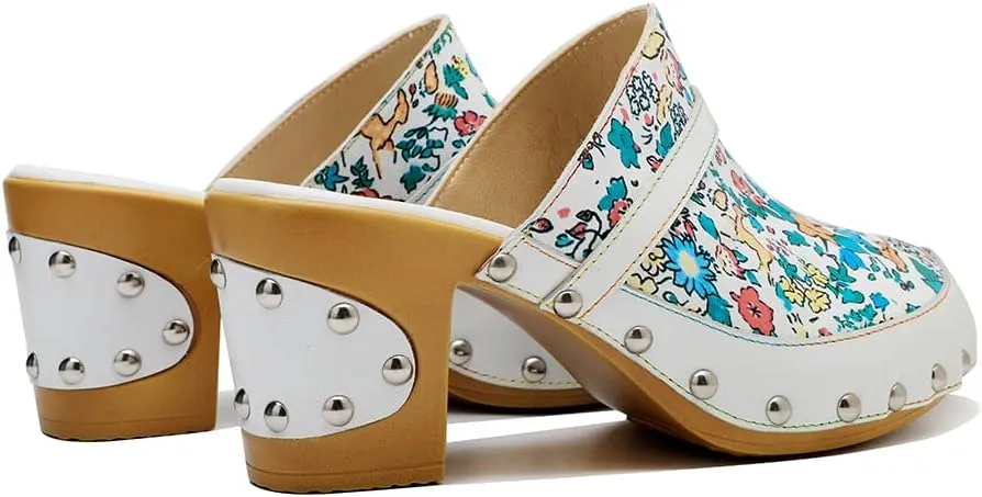 CrazycatZ Womens Leather Clogs Sandals, Colorful Bohemian Mules Block Heels Leather Clogs Shoes