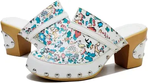 CrazycatZ Womens Leather Clogs Sandals, Colorful Bohemian Mules Block Heels Leather Clogs Shoes