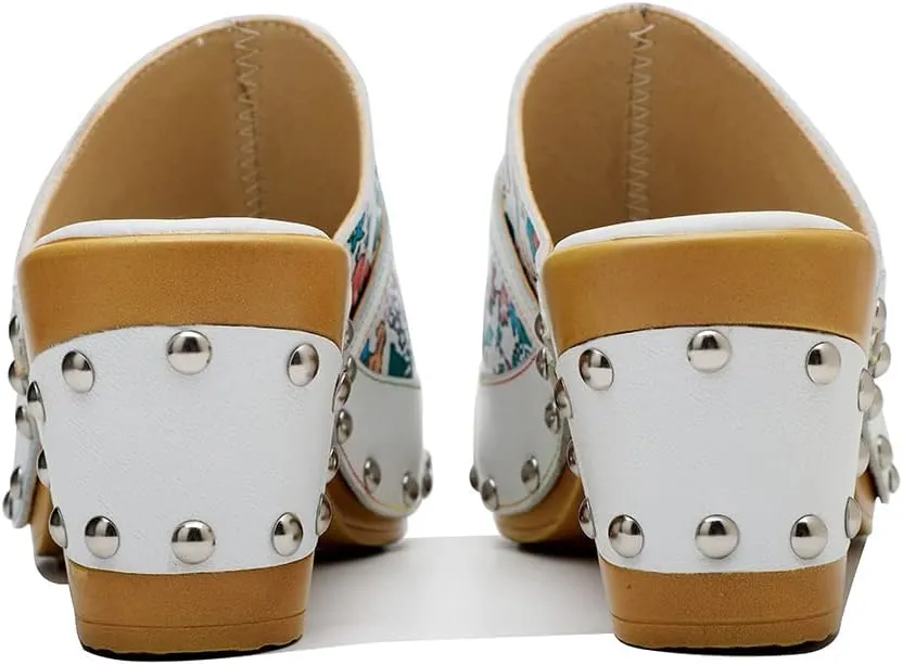 CrazycatZ Womens Leather Clogs Sandals, Colorful Bohemian Mules Block Heels Leather Clogs Shoes