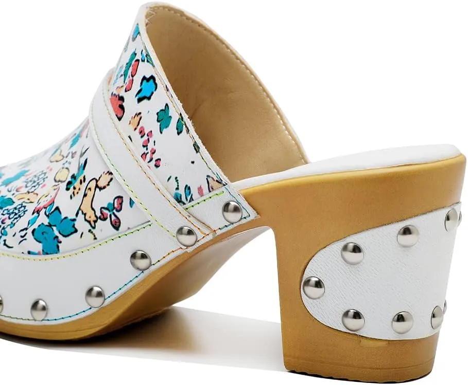 CrazycatZ Womens Leather Clogs Sandals, Colorful Bohemian Mules Block Heels Leather Clogs Shoes