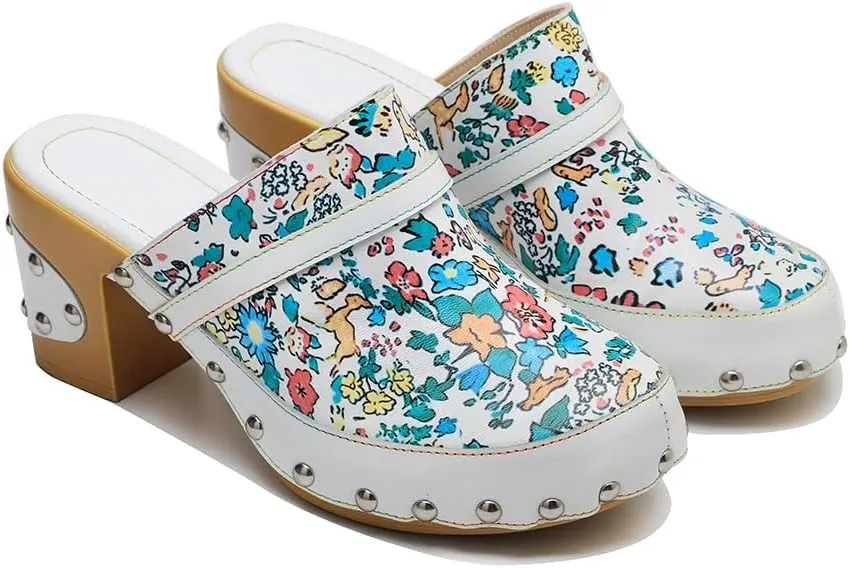 CrazycatZ Womens Leather Clogs Sandals, Colorful Bohemian Mules Block Heels Leather Clogs Shoes