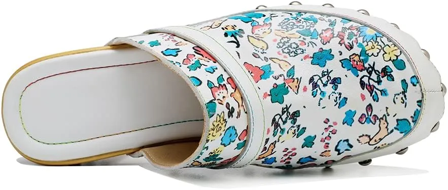 CrazycatZ Womens Leather Clogs Sandals, Colorful Bohemian Mules Block Heels Leather Clogs Shoes