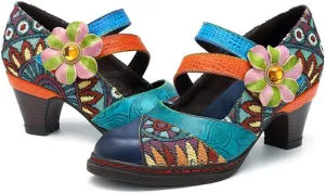 CrazycatZ Womens Leather Mary Jane Shoes Colorful Patchword Block Heel Pumps Vintage Mary Jane Shoes