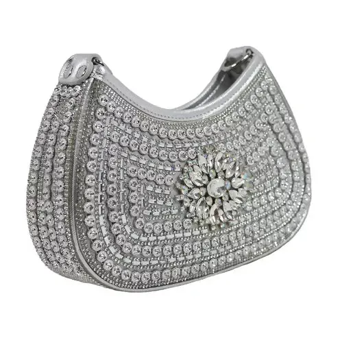 Crystal Embellished Clutch – Luxe Rhinestone Party Bag (Silver)