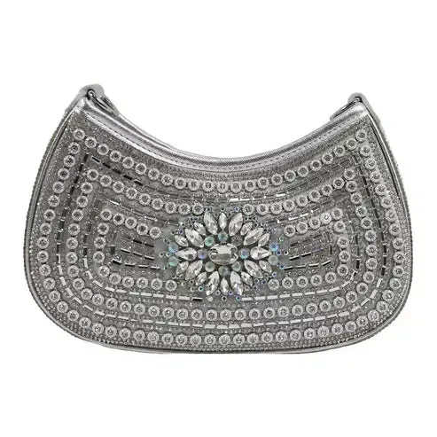 Crystal Embellished Clutch – Luxe Rhinestone Party Bag (Silver)