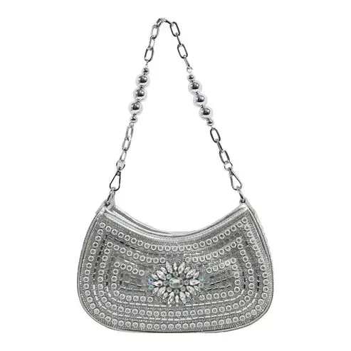 Crystal Embellished Clutch – Luxe Rhinestone Party Bag (Silver)