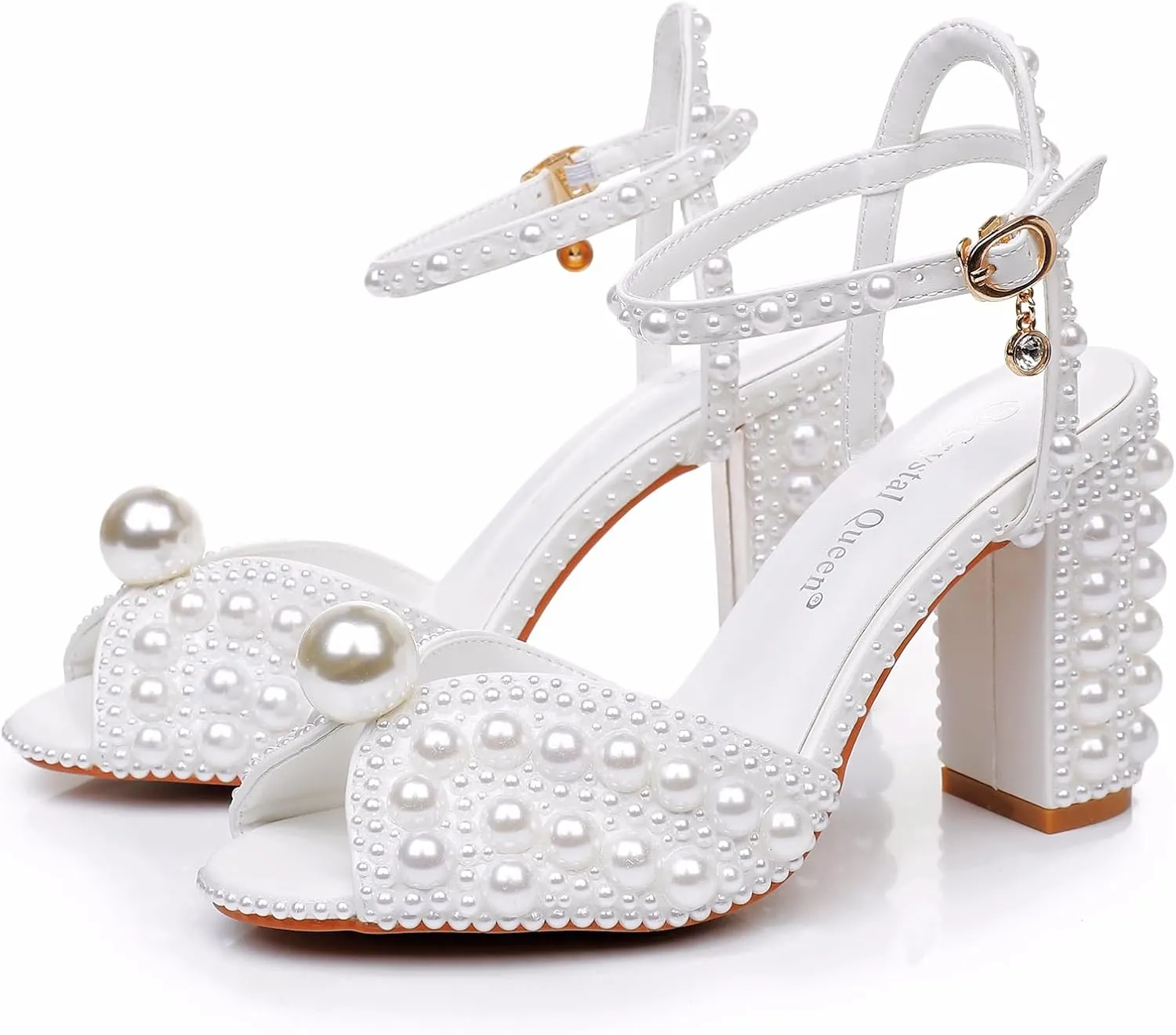 Crystal Queen Ivory Pearls Block Heel Sandals Chunky High Heels Peep Toe Sandals White Pearls Bridal Wedding Shoes Evening Wedding Sandals Pump Heels For Bride