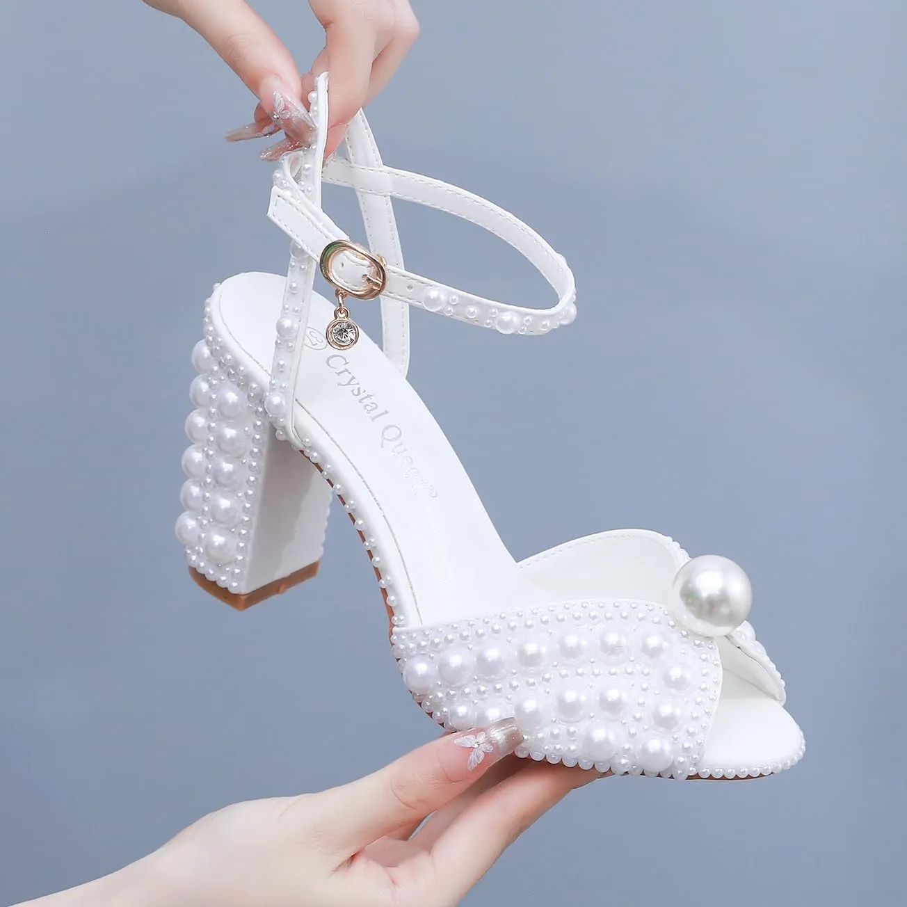 Crystal Queen Ivory Pearls Block Heel Sandals Chunky High Heels Peep Toe Sandals White Pearls Bridal Wedding Shoes Evening Wedding Sandals Pump Heels For Bride