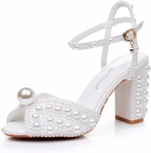 Crystal Queen Ivory Pearls Block Heel Sandals Chunky High Heels Peep Toe Sandals White Pearls Bridal Wedding Shoes Evening Wedding Sandals Pump Heels For Bride