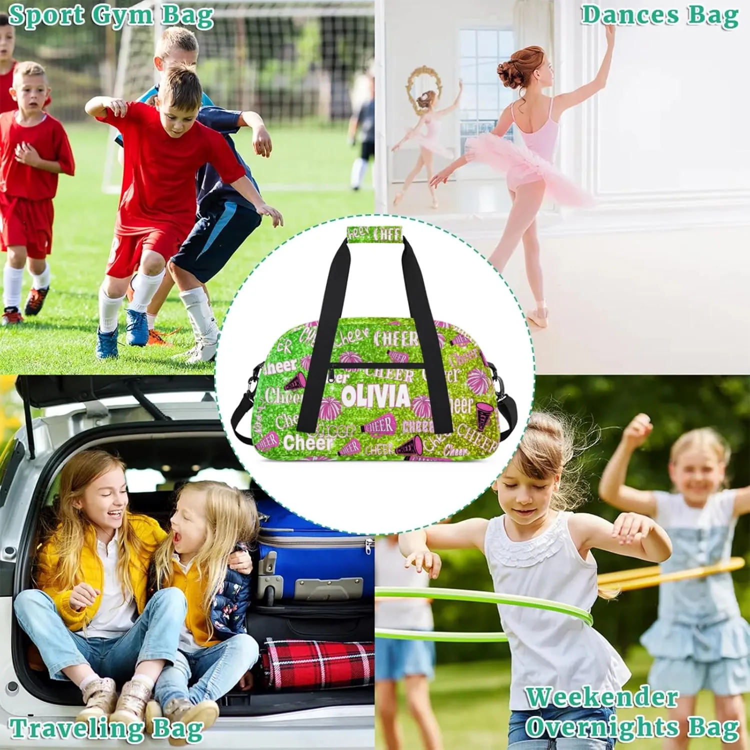 Custom Dance Bag Cheer Sport Duffel Bag, Personalized Gym Bag Customize Travel Duffle Bag with Name, Lime Green Bright Color Sequins Glittering with Pink Cheerleading Pom Poms