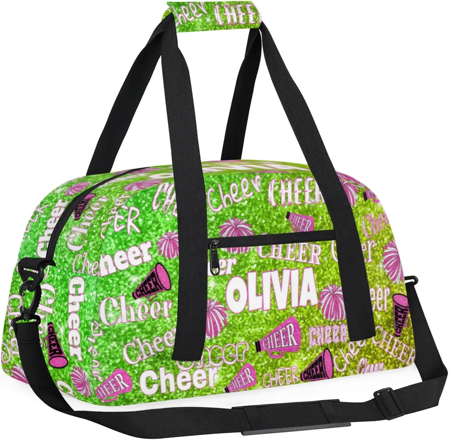 Custom Dance Bag Cheer Sport Duffel Bag, Personalized Gym Bag Customize Travel Duffle Bag with Name, Lime Green Bright Color Sequins Glittering with Pink Cheerleading Pom Poms