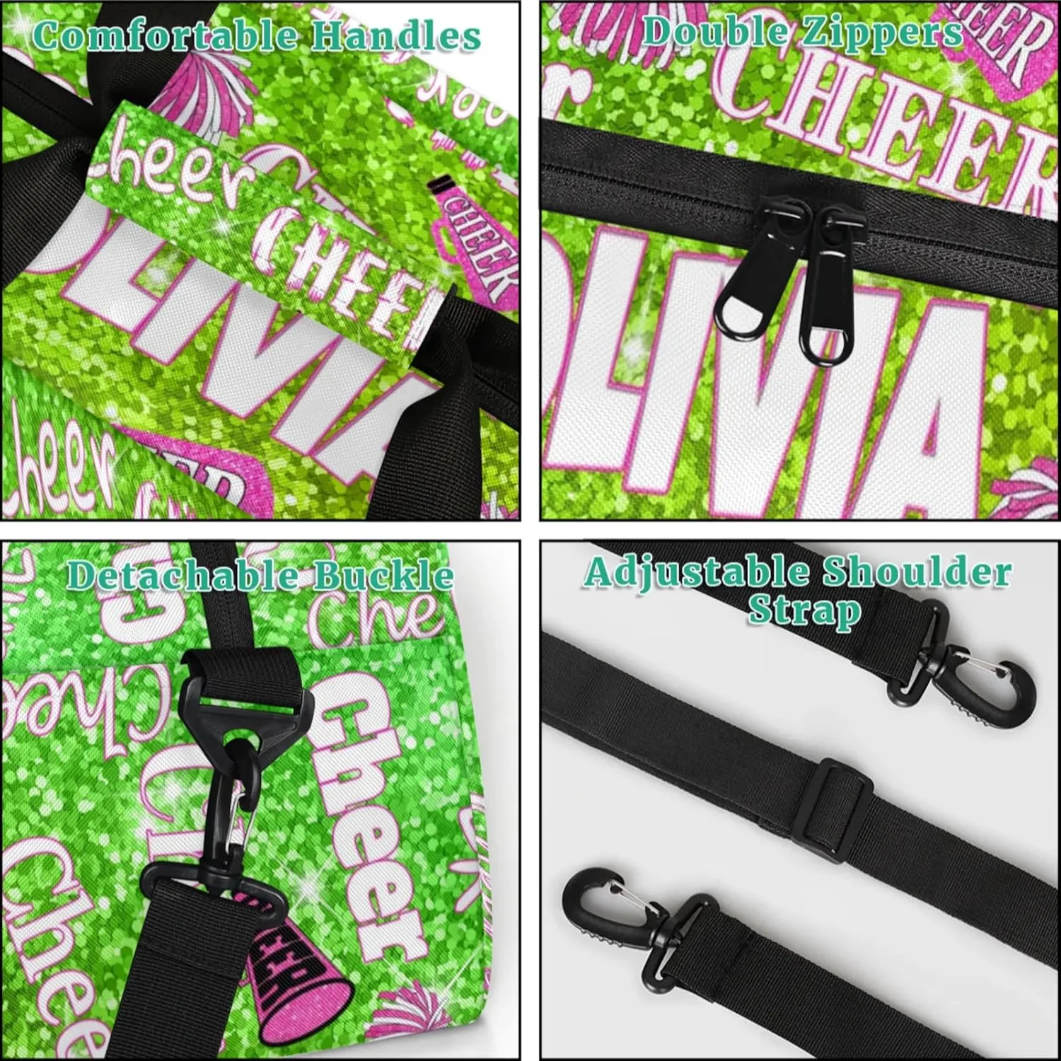 Custom Dance Bag Cheer Sport Duffel Bag, Personalized Gym Bag Customize Travel Duffle Bag with Name, Lime Green Bright Color Sequins Glittering with Pink Cheerleading Pom Poms
