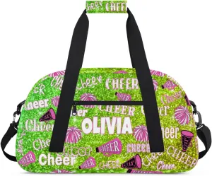 Custom Dance Bag Cheer Sport Duffel Bag, Personalized Gym Bag Customize Travel Duffle Bag with Name, Lime Green Bright Color Sequins Glittering with Pink Cheerleading Pom Poms