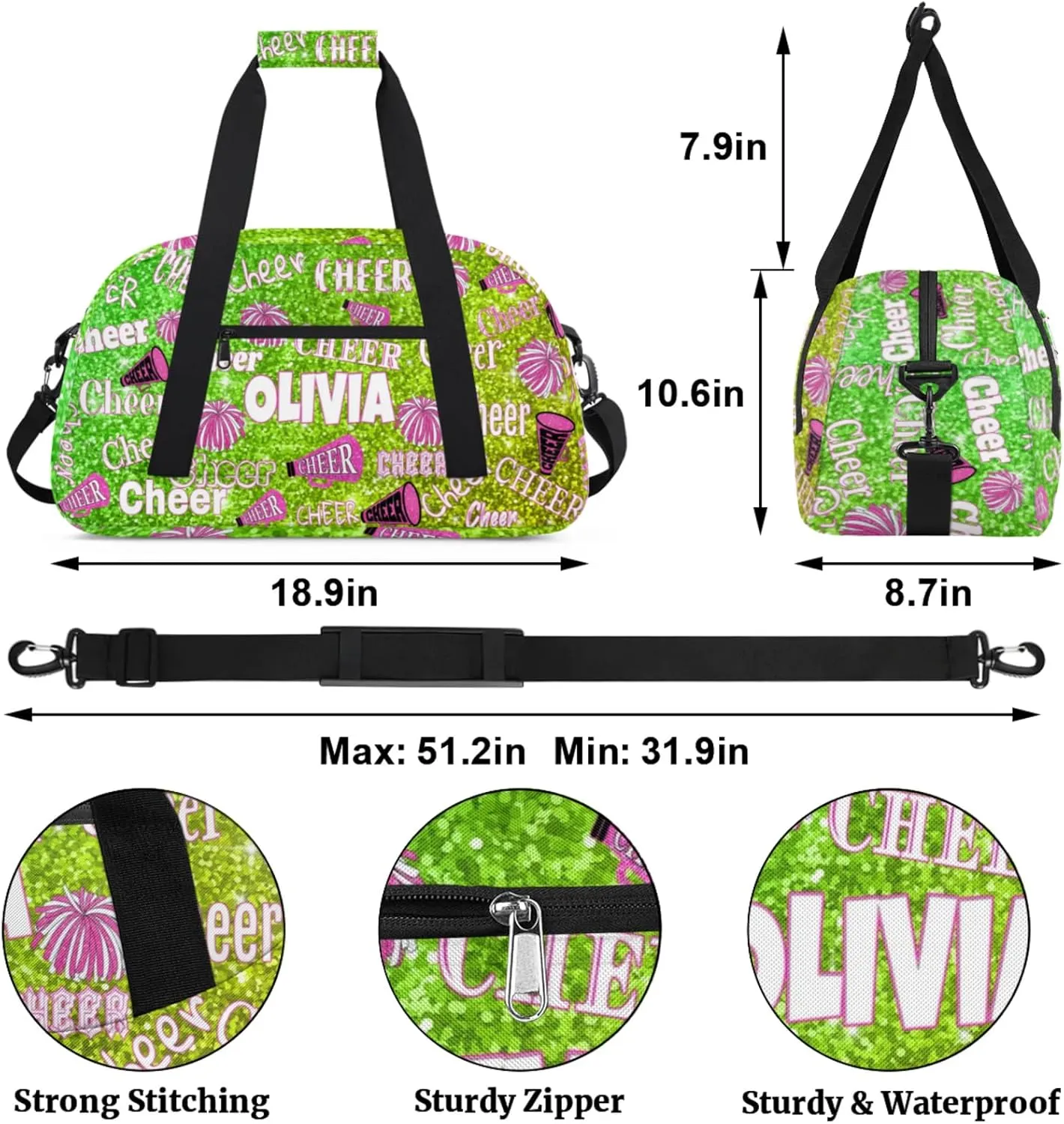 Custom Dance Bag Cheer Sport Duffel Bag, Personalized Gym Bag Customize Travel Duffle Bag with Name, Lime Green Bright Color Sequins Glittering with Pink Cheerleading Pom Poms