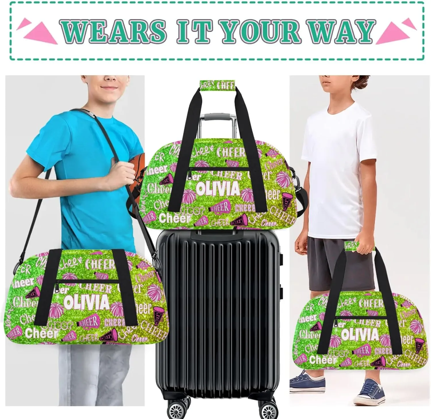 Custom Dance Bag Cheer Sport Duffel Bag, Personalized Gym Bag Customize Travel Duffle Bag with Name, Lime Green Bright Color Sequins Glittering with Pink Cheerleading Pom Poms