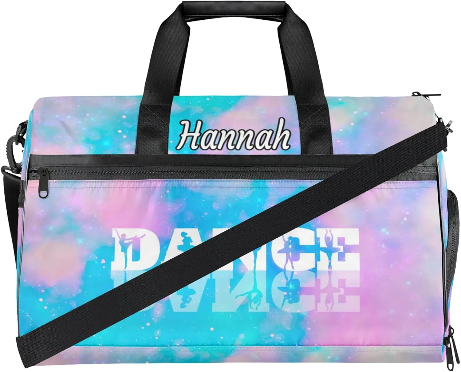 Custom Dance Duffel Bag with Shoe Compartment Personalized Sport Gym Bags Waterproof Customized Travel Duffel Bags Overnight Carry-On Tote, Blue Pink Glitter