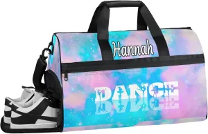 Custom Dance Duffel Bag with Shoe Compartment Personalized Sport Gym Bags Waterproof Customized Travel Duffel Bags Overnight Carry-On Tote, Blue Pink Glitter