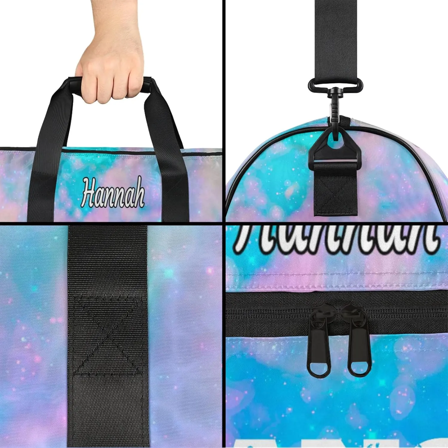 Custom Dance Duffel Bag with Shoe Compartment Personalized Sport Gym Bags Waterproof Customized Travel Duffel Bags Overnight Carry-On Tote, Blue Pink Glitter