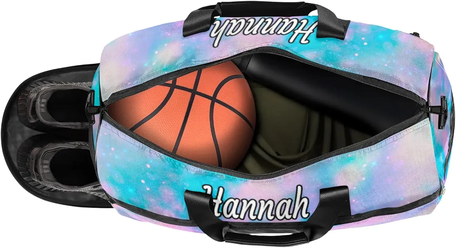 Custom Dance Duffel Bag with Shoe Compartment Personalized Sport Gym Bags Waterproof Customized Travel Duffel Bags Overnight Carry-On Tote, Blue Pink Glitter