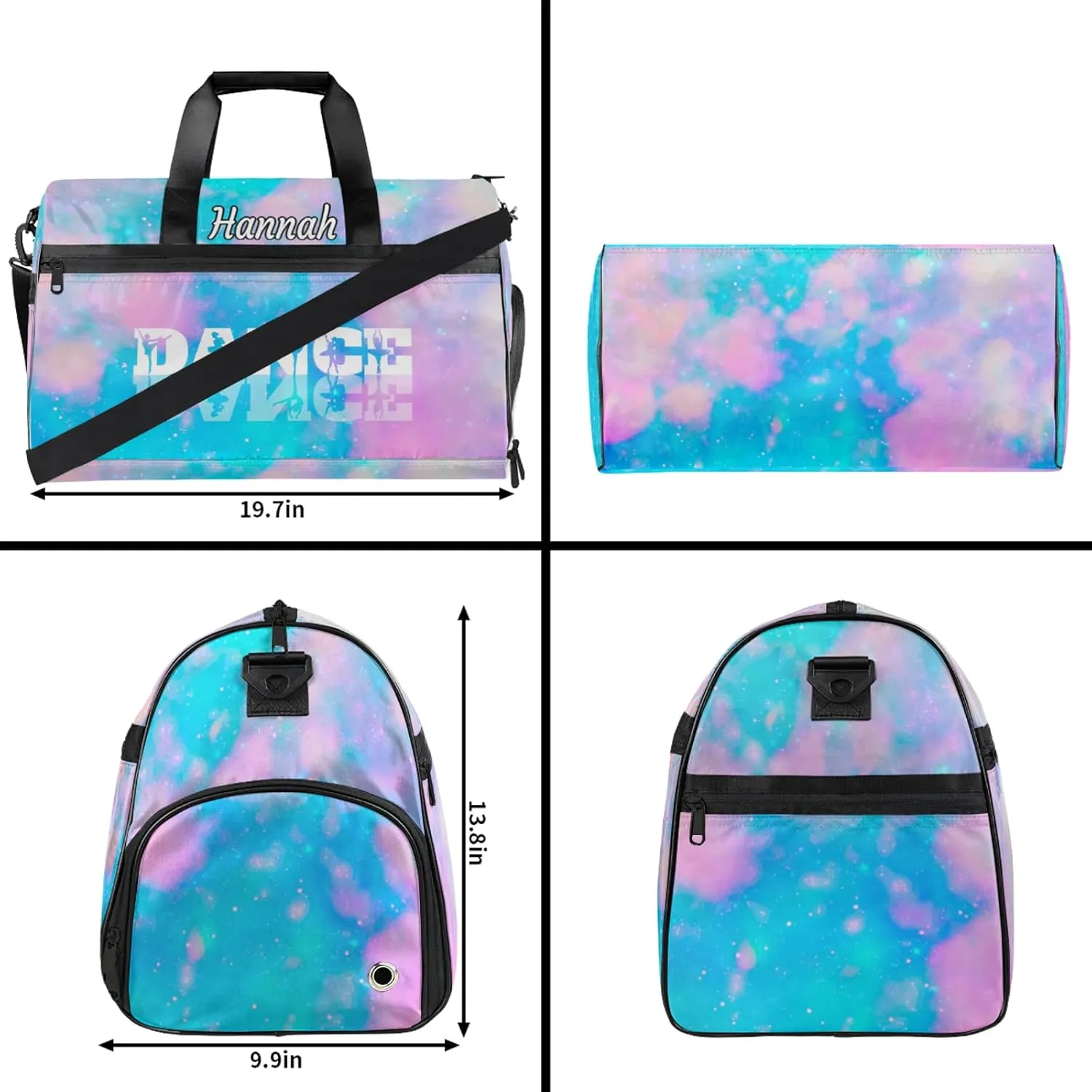 Custom Dance Duffel Bag with Shoe Compartment Personalized Sport Gym Bags Waterproof Customized Travel Duffel Bags Overnight Carry-On Tote, Blue Pink Glitter