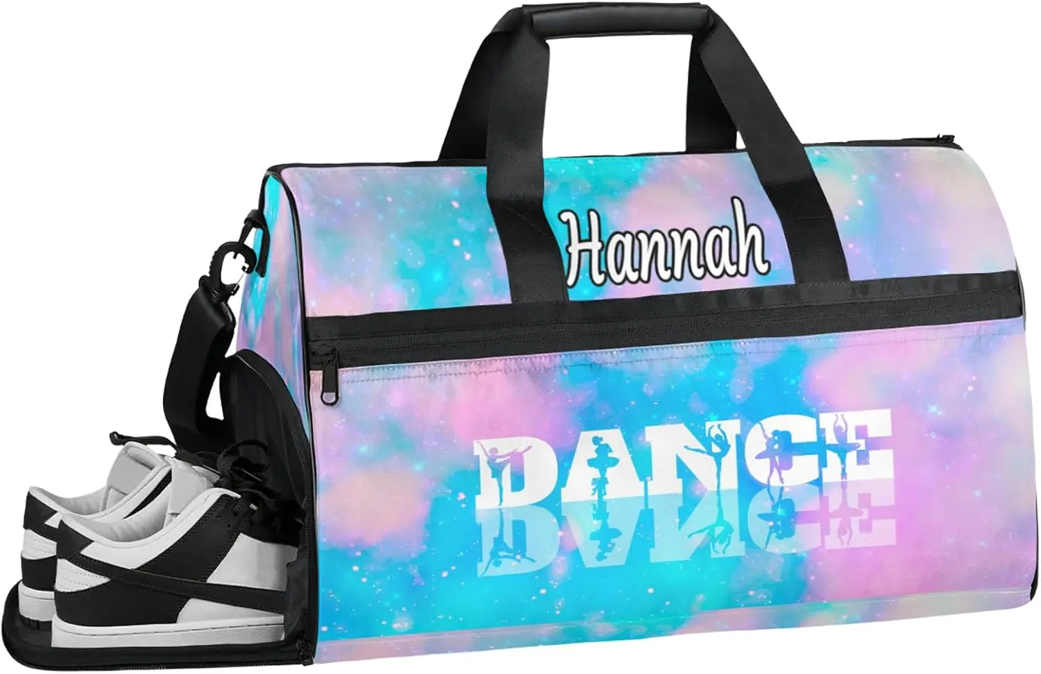 Custom Dance Duffel Bag with Shoe Compartment Personalized Sport Gym Bags Waterproof Customized Travel Duffel Bags Overnight Carry-On Tote, Blue Pink Glitter