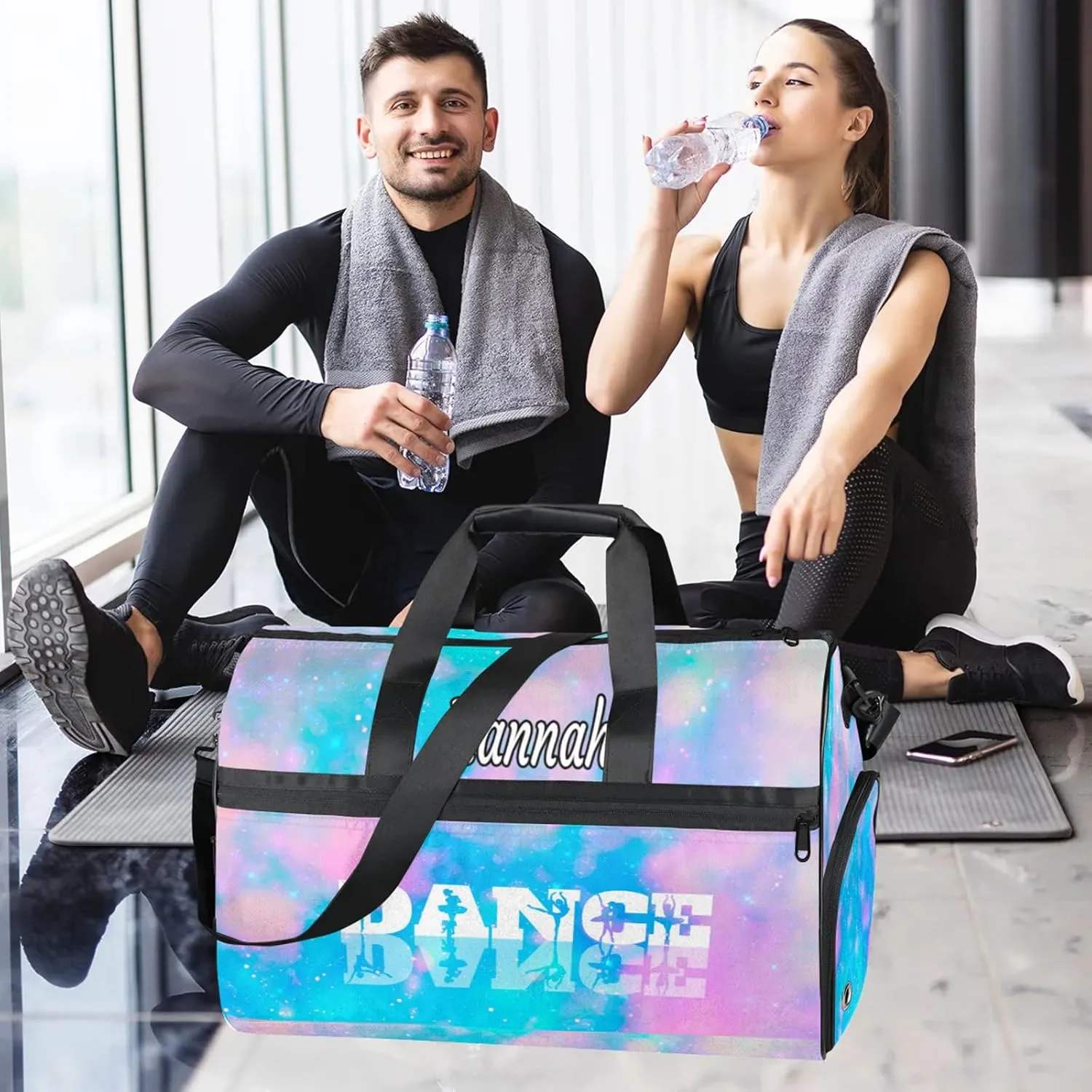 Custom Dance Duffel Bag with Shoe Compartment Personalized Sport Gym Bags Waterproof Customized Travel Duffel Bags Overnight Carry-On Tote, Blue Pink Glitter