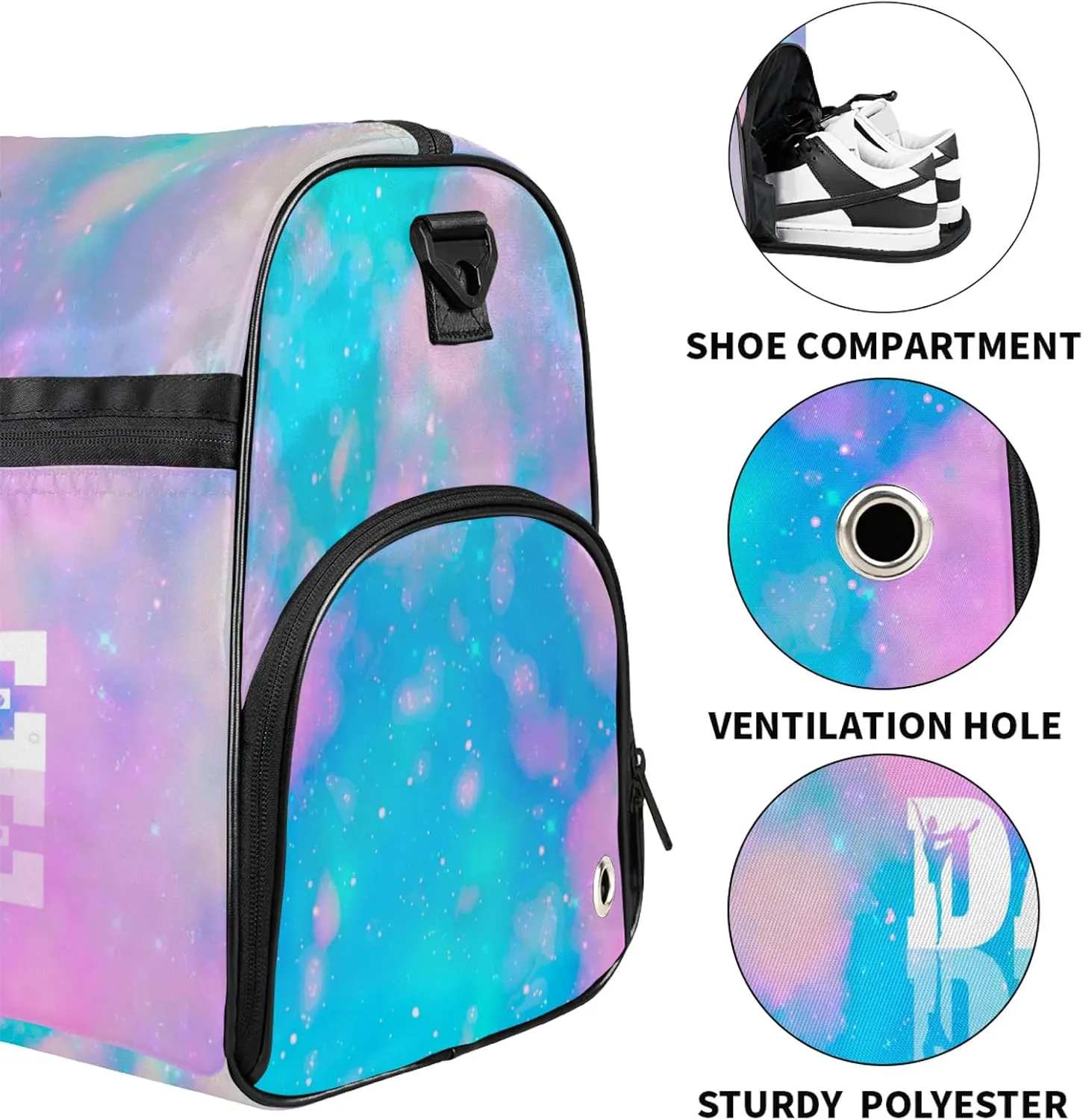 Custom Dance Duffel Bag with Shoe Compartment Personalized Sport Gym Bags Waterproof Customized Travel Duffel Bags Overnight Carry-On Tote, Blue Pink Glitter