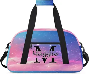 Custom Initial Duffel Bag with Name, Monogrammed Personalized Sports Gym Bags, Lightweight Custom Travel Overnight Weekender Bag, Rainbow Clouds (Not Sequins)