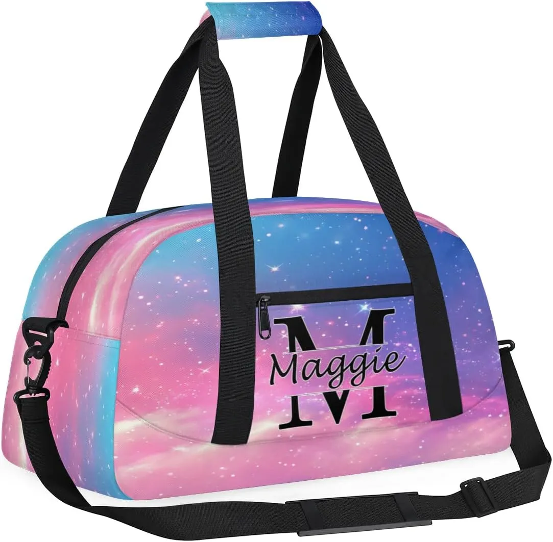 Custom Initial Duffel Bag with Name, Monogrammed Personalized Sports Gym Bags, Lightweight Custom Travel Overnight Weekender Bag, Rainbow Clouds (Not Sequins)