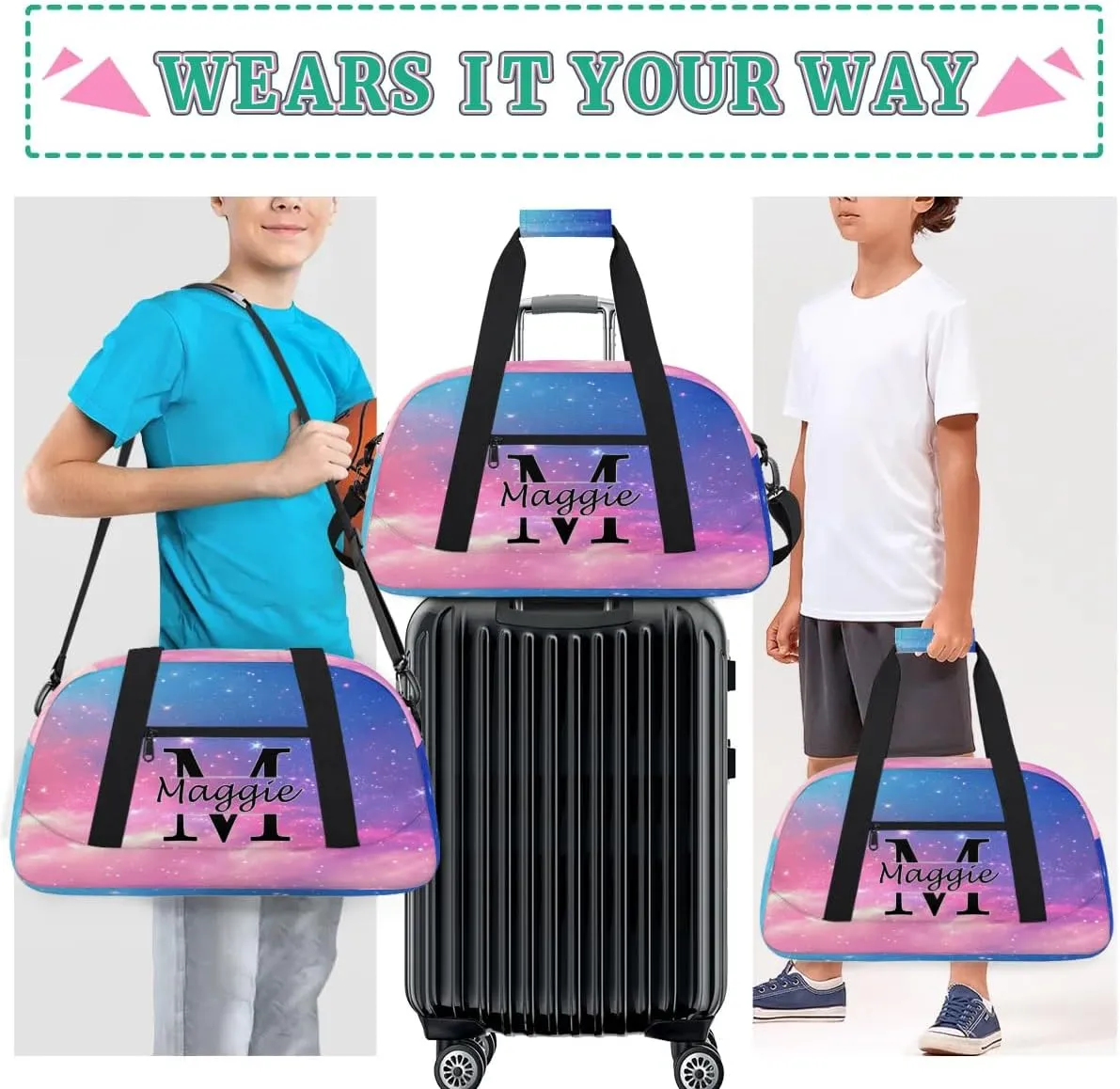 Custom Initial Duffel Bag with Name, Monogrammed Personalized Sports Gym Bags, Lightweight Custom Travel Overnight Weekender Bag, Rainbow Clouds (Not Sequins)