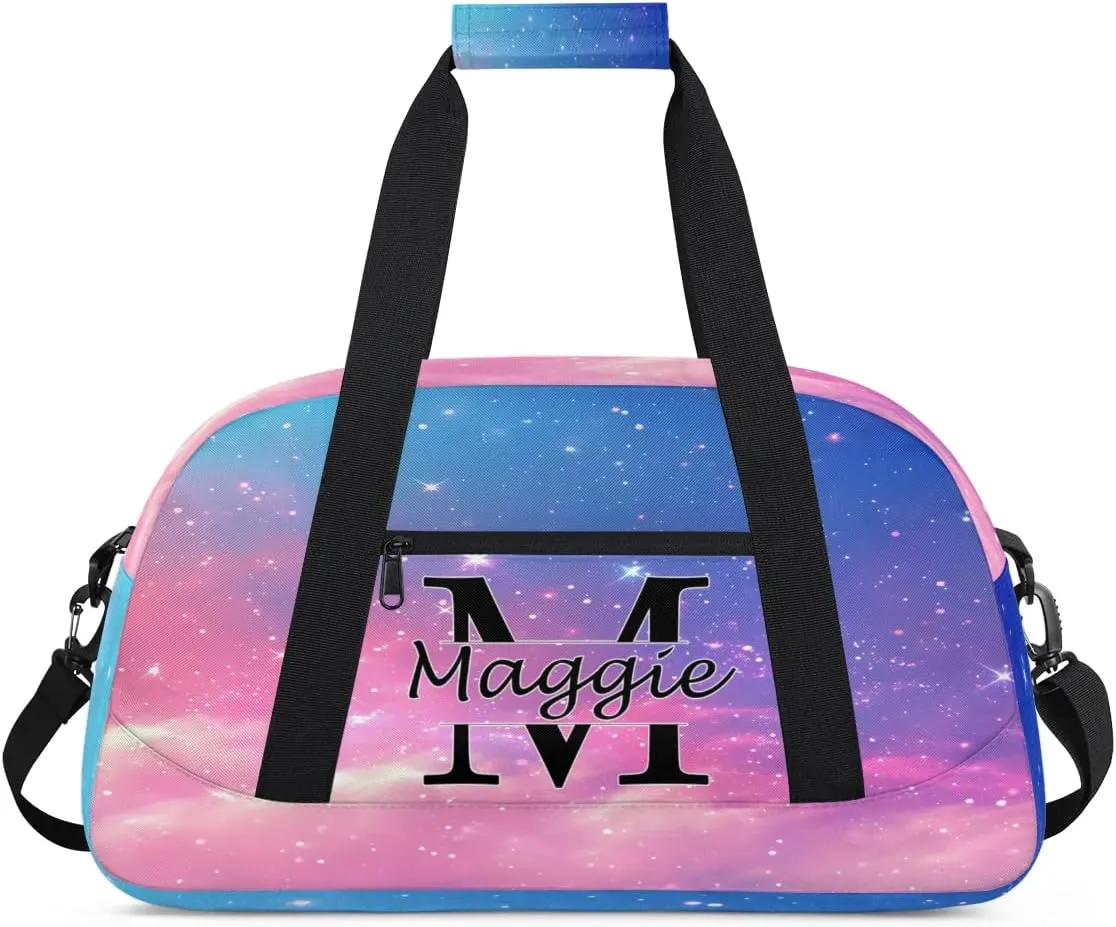 Custom Initial Duffel Bag with Name, Monogrammed Personalized Sports Gym Bags, Lightweight Custom Travel Overnight Weekender Bag, Rainbow Clouds (Not Sequins)