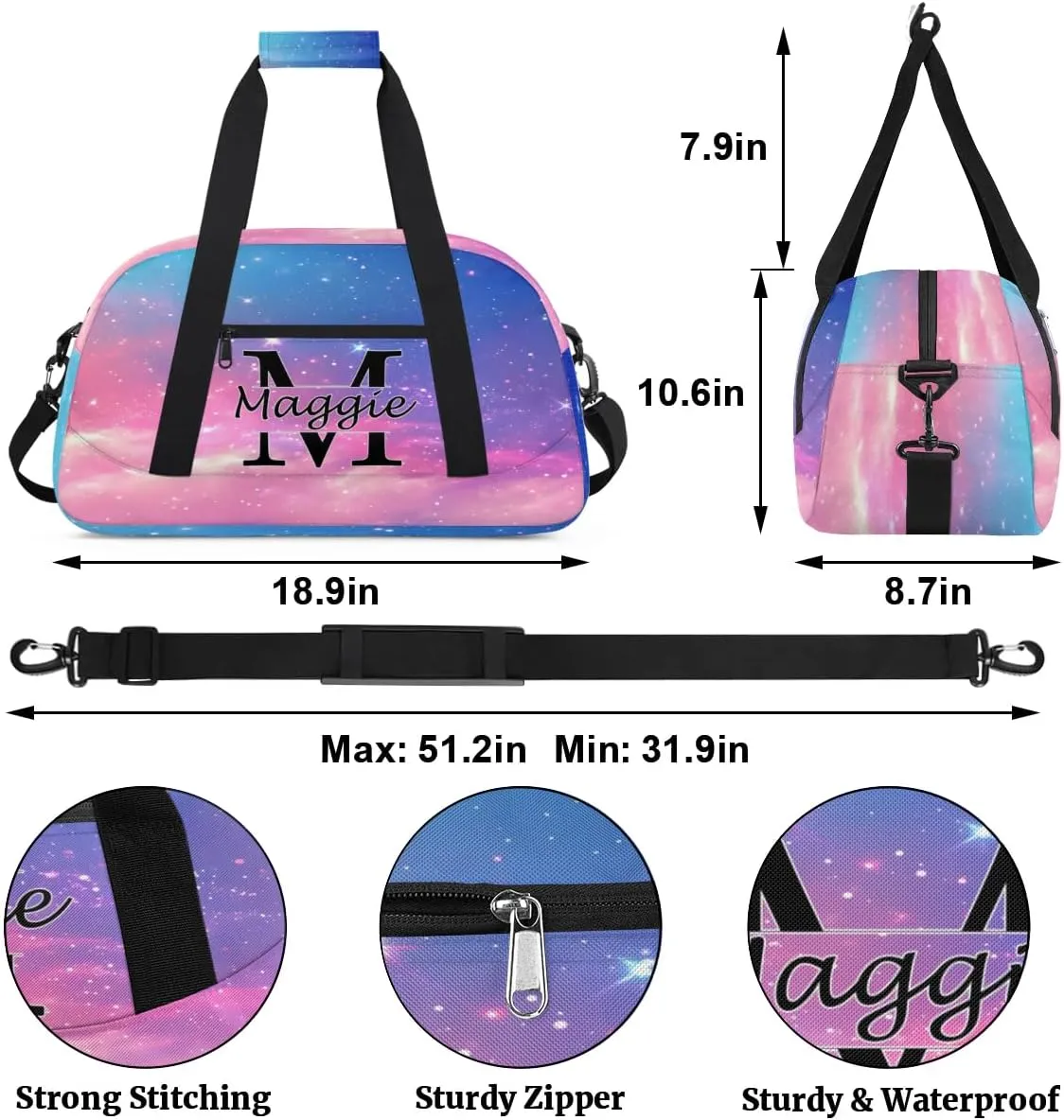 Custom Initial Duffel Bag with Name, Monogrammed Personalized Sports Gym Bags, Lightweight Custom Travel Overnight Weekender Bag, Rainbow Clouds (Not Sequins)