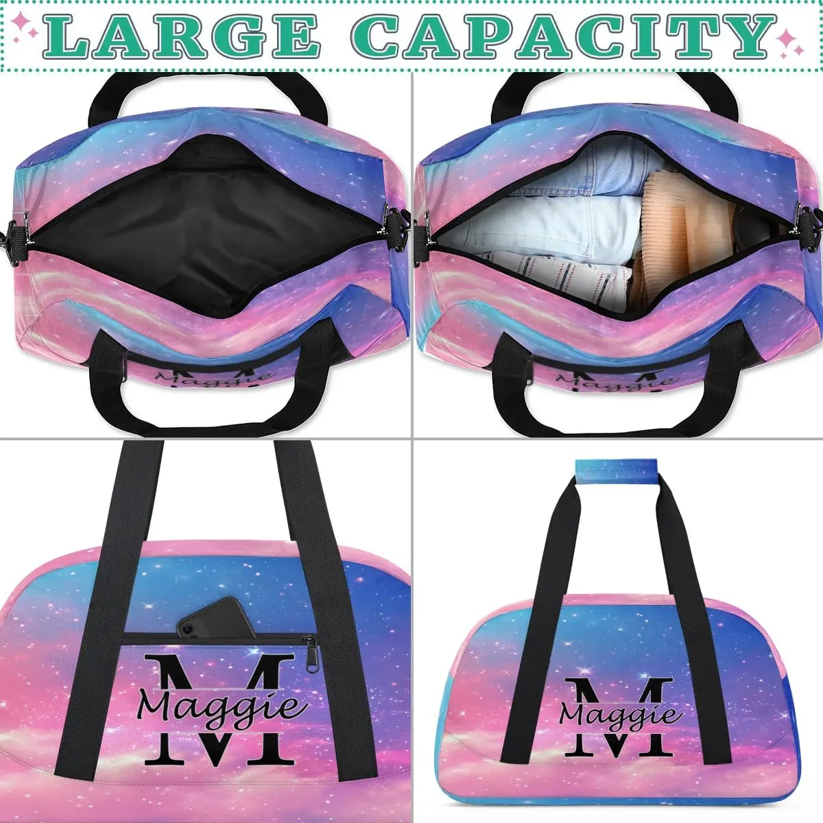 Custom Initial Duffel Bag with Name, Monogrammed Personalized Sports Gym Bags, Lightweight Custom Travel Overnight Weekender Bag, Rainbow Clouds (Not Sequins)