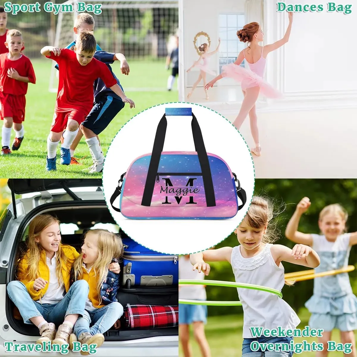 Custom Initial Duffel Bag with Name, Monogrammed Personalized Sports Gym Bags, Lightweight Custom Travel Overnight Weekender Bag, Rainbow Clouds (Not Sequins)