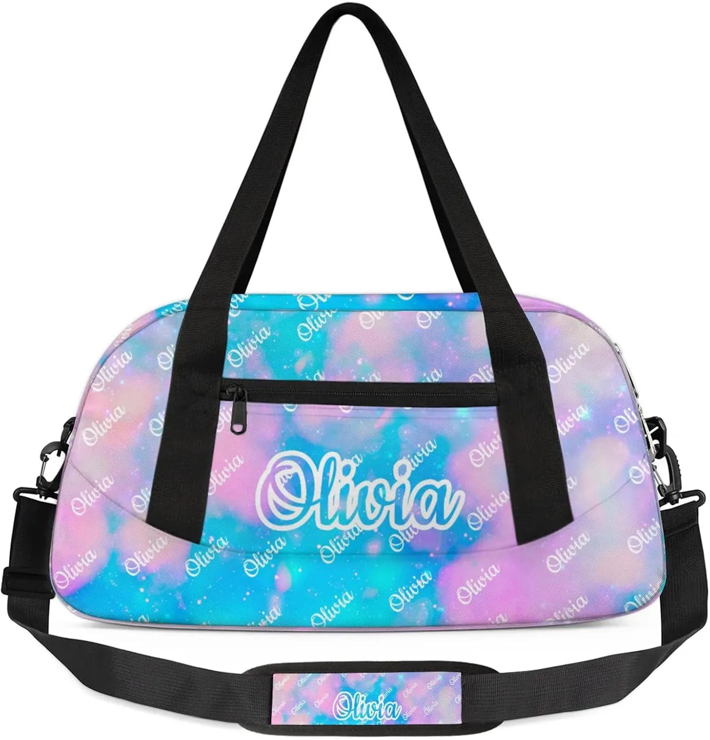 Custom Sport Duffel Bags Personalized Travel Overnight Bag Waterproof Dance Bag Lightweight Carry-On Tote for Women Men 18.5in, Blue Pink Glitter