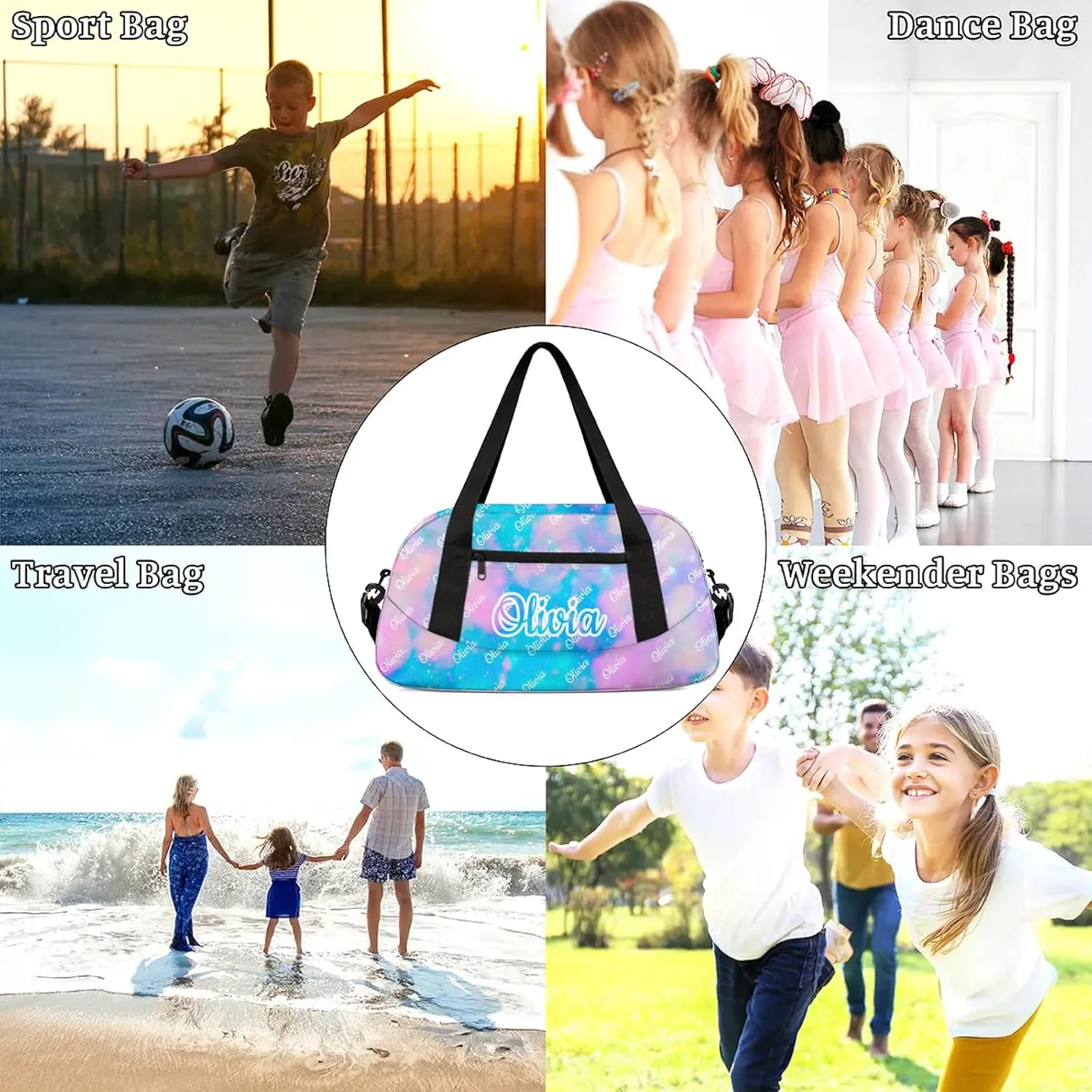 Custom Sport Duffel Bags Personalized Travel Overnight Bag Waterproof Dance Bag Lightweight Carry-On Tote for Women Men 18.5in, Blue Pink Glitter