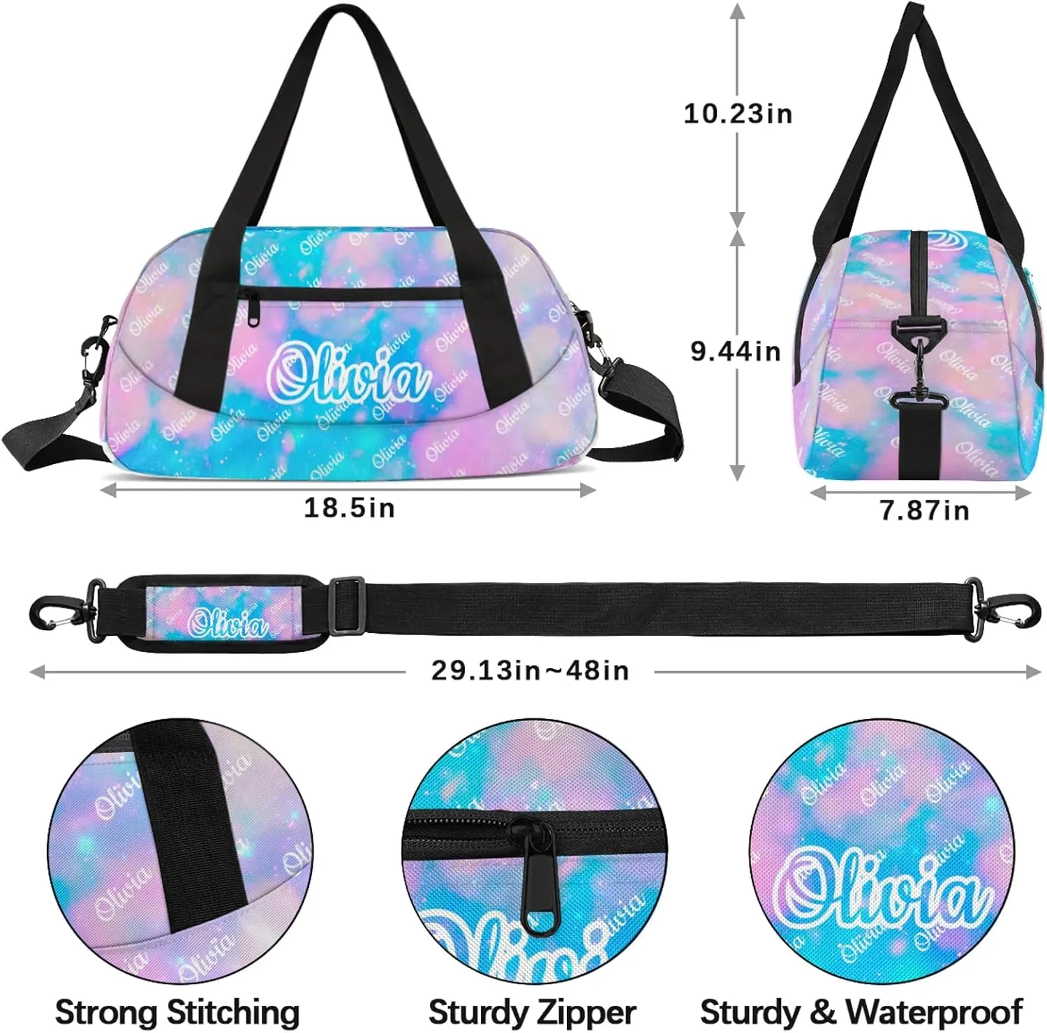 Custom Sport Duffel Bags Personalized Travel Overnight Bag Waterproof Dance Bag Lightweight Carry-On Tote for Women Men 18.5in, Blue Pink Glitter