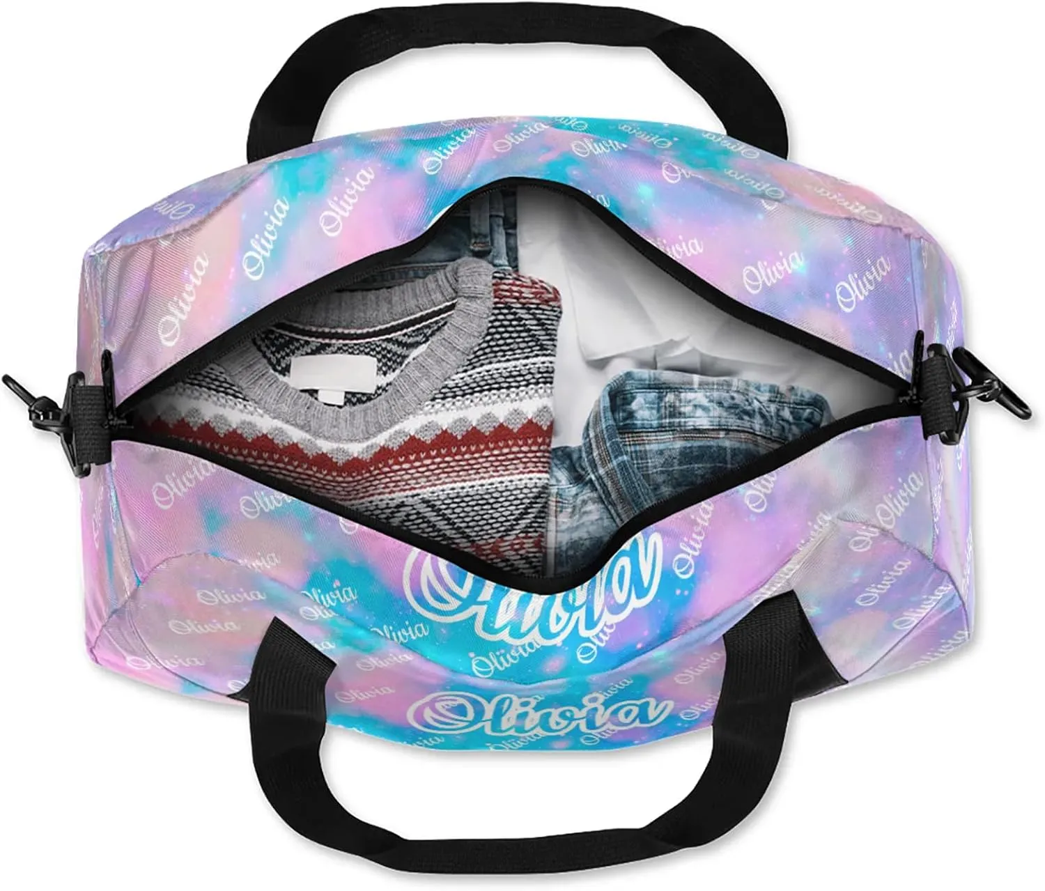 Custom Sport Duffel Bags Personalized Travel Overnight Bag Waterproof Dance Bag Lightweight Carry-On Tote for Women Men 18.5in, Blue Pink Glitter