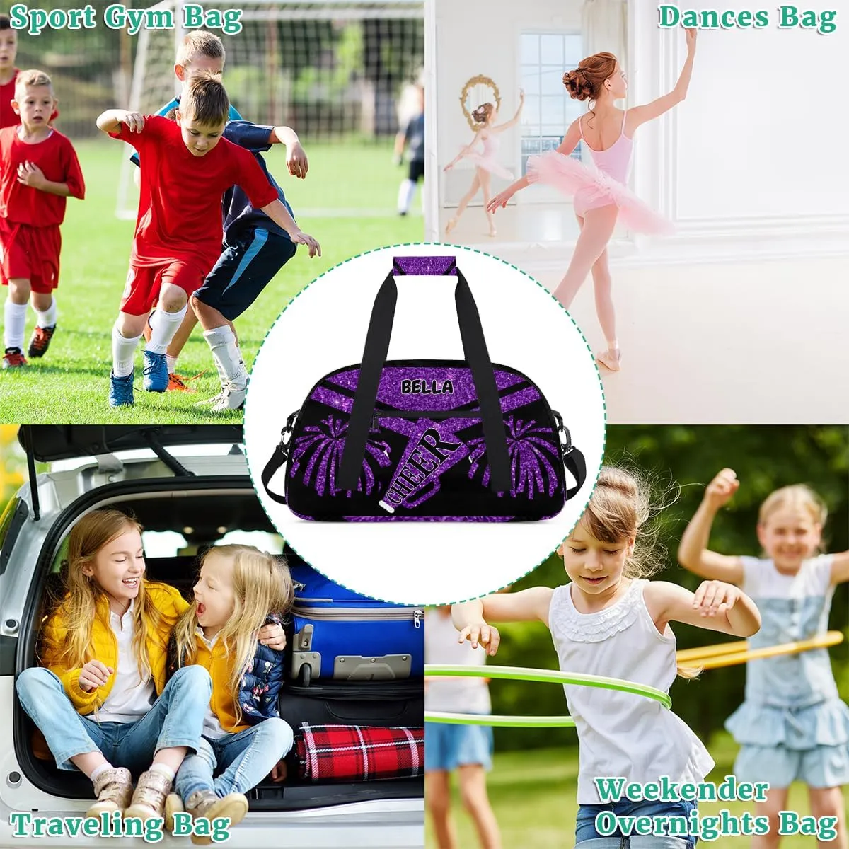 Custom Sports Duffel Cheerleaders Bag Girls, Sports Travel Bag Tote Carry On Weekender Gym Dance Cheer Sleepover Bag, Deep Purple Glittering Sequins Effect Picture Print