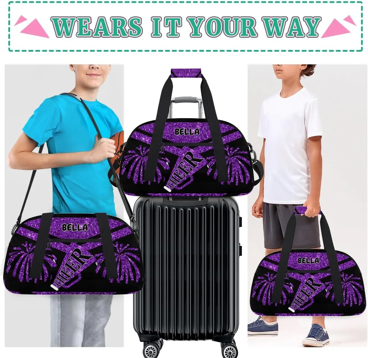 Custom Sports Duffel Cheerleaders Bag Girls, Sports Travel Bag Tote Carry On Weekender Gym Dance Cheer Sleepover Bag, Deep Purple Glittering Sequins Effect Picture Print