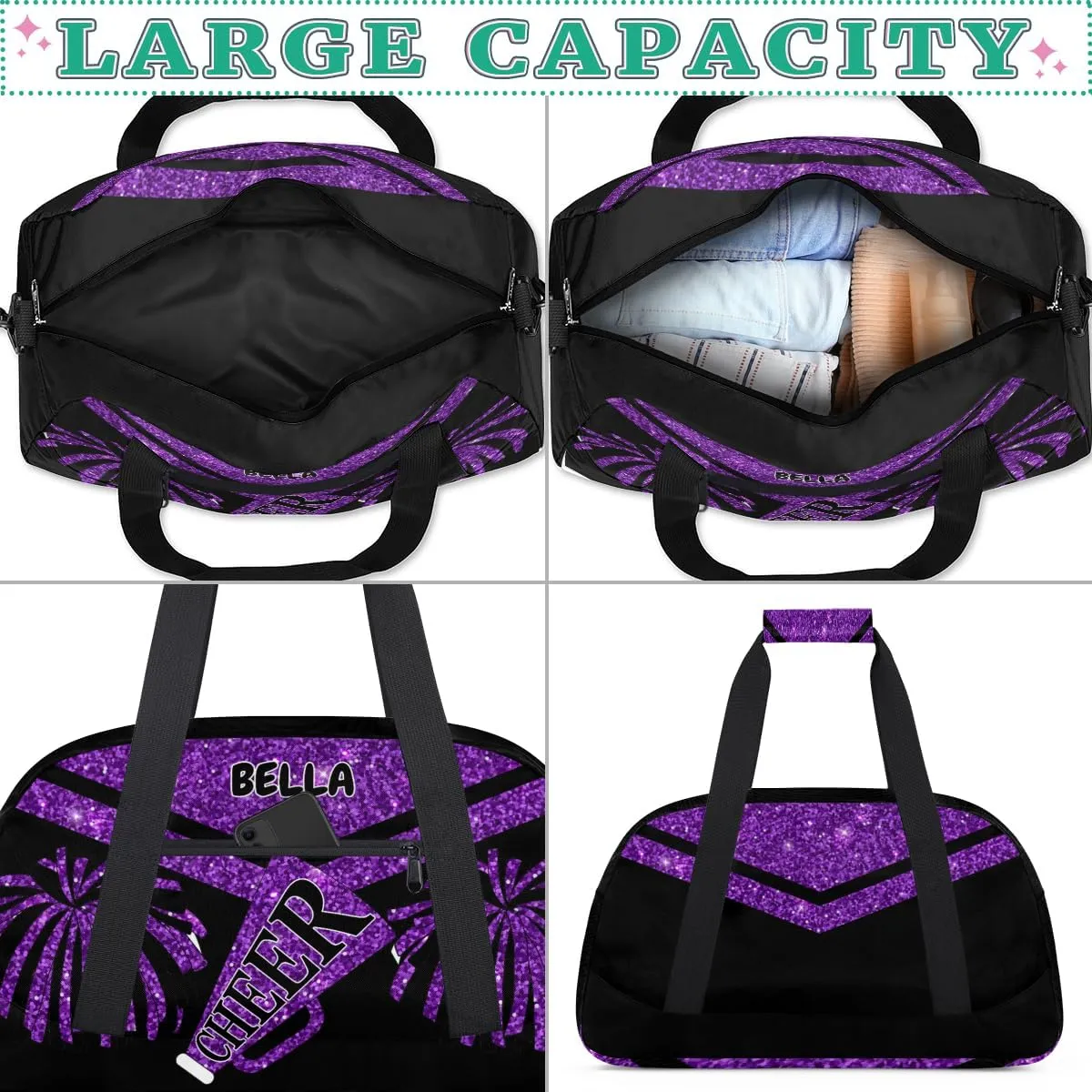Custom Sports Duffel Cheerleaders Bag Girls, Sports Travel Bag Tote Carry On Weekender Gym Dance Cheer Sleepover Bag, Deep Purple Glittering Sequins Effect Picture Print