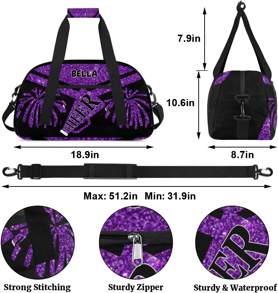Custom Sports Duffel Cheerleaders Bag Girls, Sports Travel Bag Tote Carry On Weekender Gym Dance Cheer Sleepover Bag, Deep Purple Glittering Sequins Effect Picture Print